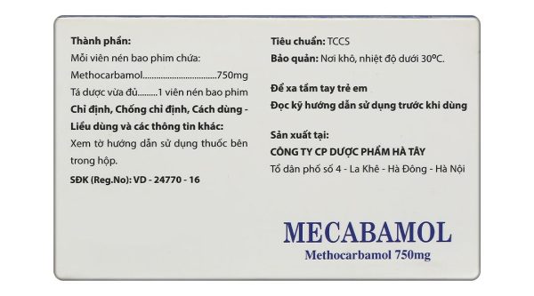 Mecabamol 750mg điều trị bệnh lý cơ xương cấp tính do co thắt cơ vân (6 vỉ x 10 viên)