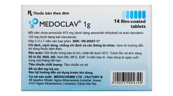 Medoclav 1g trị ngắn hạn các trường hợp nhiễm khuẩn (2 vỉ x 7 viên)