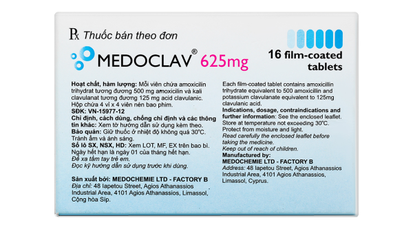 Medoclav 625mg trị các trường hợp nhiễm khuẩn (4 vỉ x 4 viên)