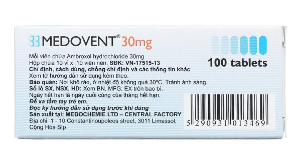 Medovent 30mg trị triệu chứng bệnh phế quản - phổi cấp và mạn tính (10 vỉ x 10 viên)