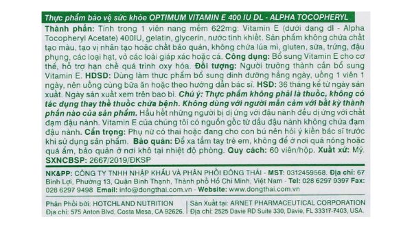 Hotchland Optimum Vitamin E 400IU hạn chế lão hóa hộp 60 viên