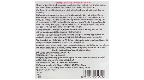 Miếng dán Tika-Patch giảm đau cơ, xương khớp (7cm x 10cm) gói 4 miếng