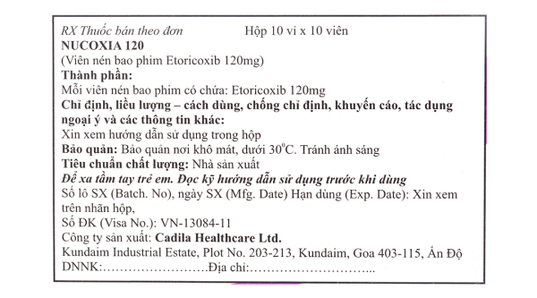 Nucoxia 120 giảm đau, kháng viêm xương khớp (10 vỉ x 10 viên)