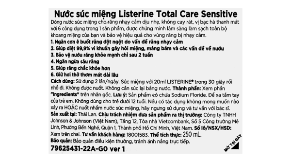 Nước súc miệng Listerine Total Care Sensitive hơi thở thơm mát chai 250ml