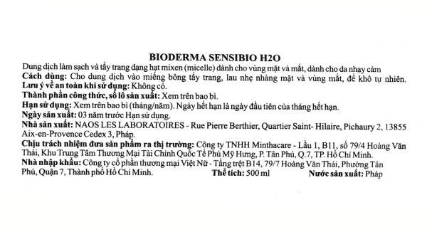 Nước tẩy trang Bioderma Sensibio H2O làm sạch sâu cho da nhạy cảm chai 500ml