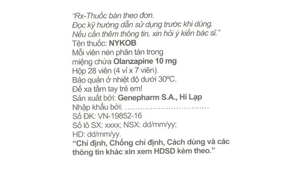 Nykob 10mg trị tâm thần phân liệt, rối loạn lưỡng cực (4 vỉ x 7 viên)