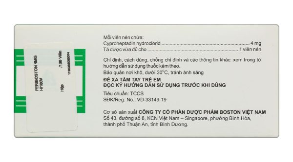 Periboston 4mg điều trị dị ứng và ngứa, đau nửa đầu và đau đầu (10 vỉ x 10 viên)