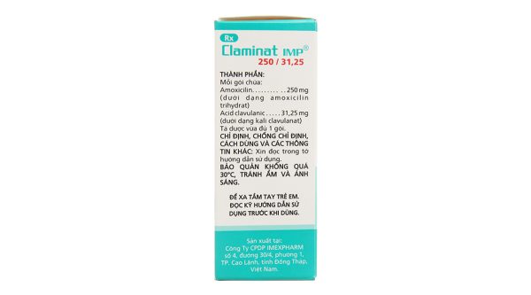 Bột pha hỗn dịch uống Claminat IMP 250/31.25 trị nhiễm khuẩn (12 gói x 1.1g)