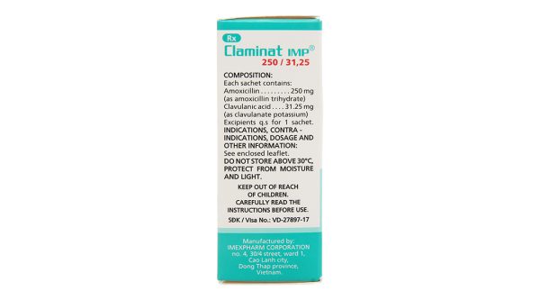 Bột pha hỗn dịch uống Claminat IMP 250/31.25 trị nhiễm khuẩn (12 gói x 1.1g)