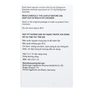 Pradaxa 75mg phòng ngừa đột quỵ, tai biến (3 vỉ x 10 viên)