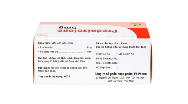 Prednisolone 5mg TV.Pharm chống viêm, chống dị ứng và ức chế miễn dịch (10 vỉ x 20 viên)