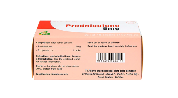 Prednisolone 5mg TV.Pharm chống viêm, chống dị ứng và ức chế miễn dịch (10 vỉ x 20 viên)