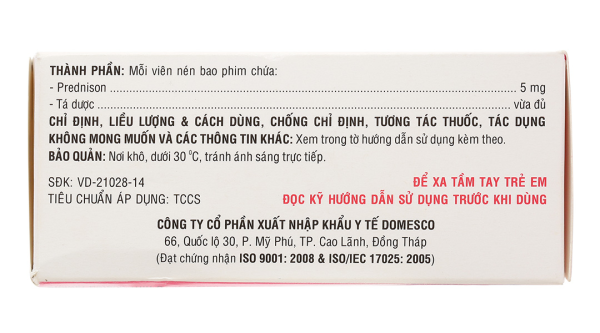 Prednison Domesco 5mg chống viêm, ức chế miễn dịch (10 vỉ x 10 viên)