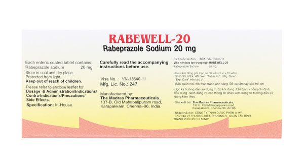 Rabewell-20 trị trào ngược dạ dày, thực quản (3 vỉ x 10 viên)