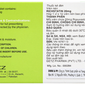 Richstatin 20mg dùng làm giảm cholesterol toàn phần (1 vỉ x 10 viên)