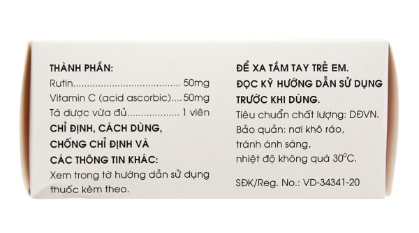 Rutin-Vitamin C trị trĩ, suy giãn tĩnh mạch (10 vỉ x 10 viên)