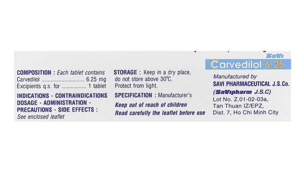 Savi Carvedilol 6.25mg trị tăng huyết áp (3 vỉ x 10 viên)