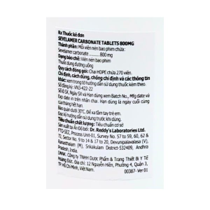 Sevelamer Carbonate Dr.Reddy’s 800mg kiểm soát Phospho ở bệnh nhân chạy thận lọ 270 viên