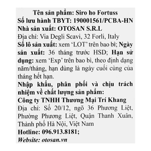 Siro ho ForTuss Otosan làm dịu cổ họng, giảm các triệu chứng ho chai 180g
