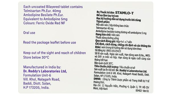 Stamlo-T 40/5mg điều trị tăng huyết áp vô căn (4 vỉ x 7 viên)