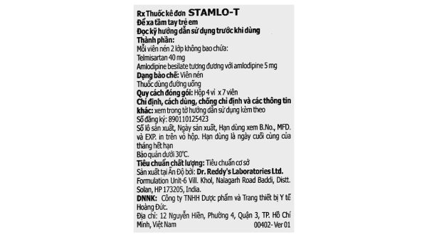 Stamlo-T 40/5mg điều trị tăng huyết áp vô căn (4 vỉ x 7 viên)