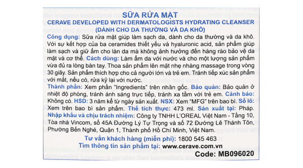 Sữa rửa mặt CeraVe Hydrating Cleanser sạch sâu cho da thường và da khô chai 473ml