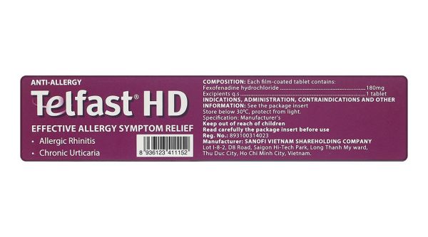 Telfast HD 180mg trị viêm mũi dị ứng, mề đay vô căn mạn tính (3 vỉ x 10 viên)