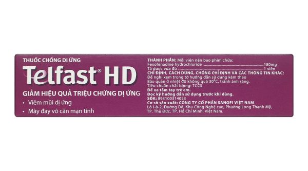 Telfast HD 180mg trị viêm mũi dị ứng, mề đay vô căn mạn tính (3 vỉ x 10 viên)