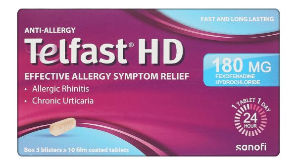Telfast HD 180mg trị viêm mũi dị ứng, mề đay vô căn mạn tính (3 vỉ x 10 viên)