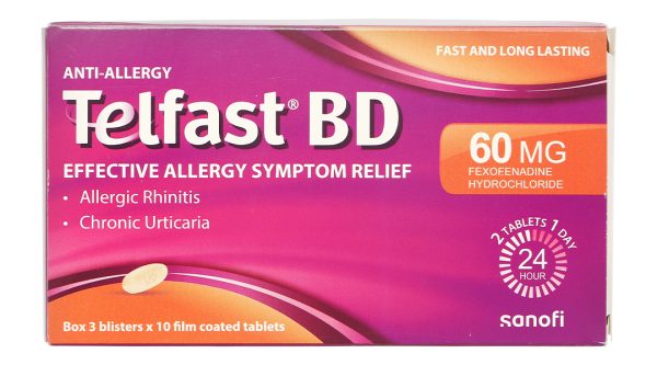 Telfast BD 60mg trị viêm mũi dị ứng, mày đay vô căn mạn tính (3 vỉ x 10 viên)