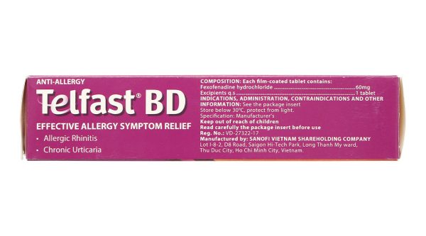 Telfast BD 60mg trị viêm mũi dị ứng, mày đay vô căn mạn tính (3 vỉ x 10 viên)