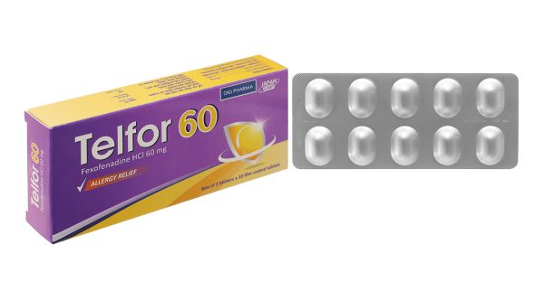 Telfor 60mg trị các triệu chứng viêm mũi dị ứng, mày đay (2 vỉ x 10 viên)