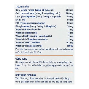 Siro Canxi MK7 giúp xương răng chắc khỏe, phát triển chiều cao cho bé hộp 20 ống x 10ml