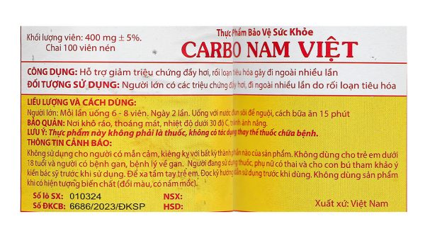 Carbo Nam Việt hỗ trợ giảm triệu chứng đầy hơi, rối loạn tiêu hóa chai 100 viên