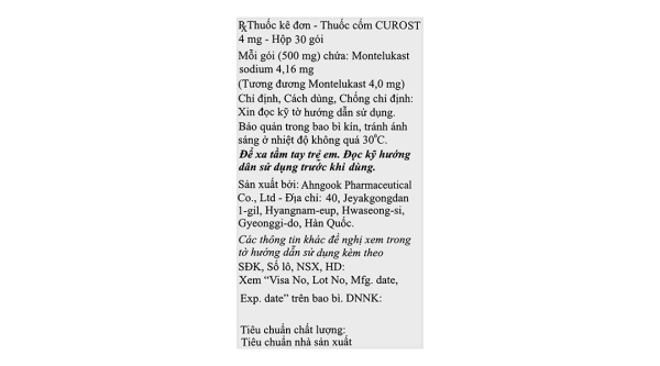 Thuốc cốm Curost Granules 4mg trị hen phế quản (30 gói x 0.5g)