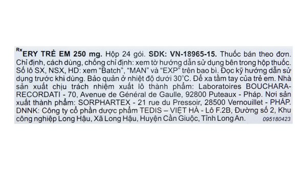 Thuốc bột Ery Children 250mg trị nhiễm khuẩn (24 gói x 2.375g)