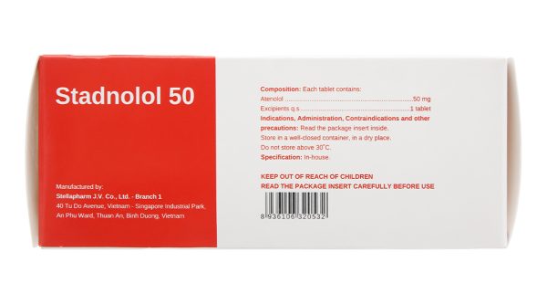 Stadnolol 50 trị tăng huyết áp, đau thắt ngực (10 vỉ x 10 viên)