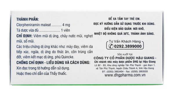 Clorpheniramin 4 DHG Pharma trị viêm mũi dị ứng, mày đay (10 vỉ x 20 viên)