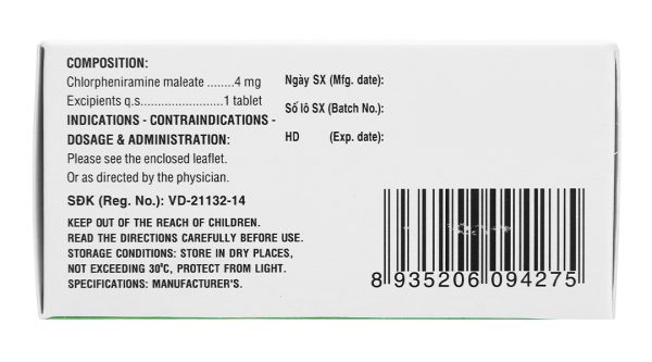 Clorpheniramin 4 DHG Pharma trị viêm mũi dị ứng, mày đay (10 vỉ x 20 viên)