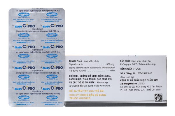 SaviCipro 500mg trị nhiễm khuẩn (10 vỉ x 10 viên)