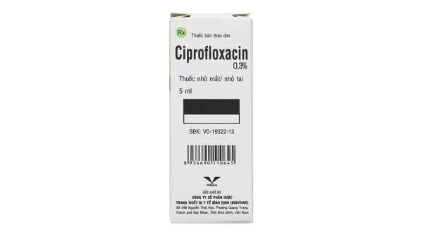 Dung dịch nhỏ mắt, tai Ciprofloxacin 0.3% Bidiphar trị nhiễm khuẩn mắt, tai lọ 5ml