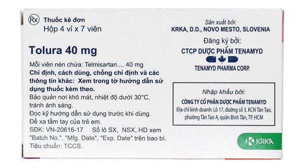 Tolura 40mg trị tăng huyết áp (4 vỉ x 7 viên)