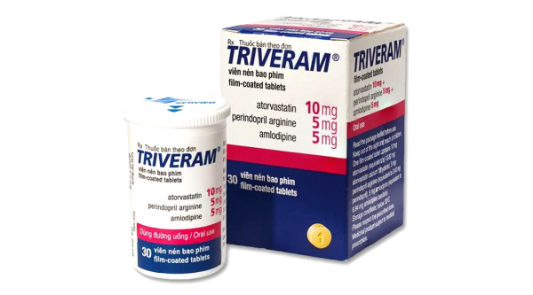 Triveram 10mg/5mg/5mg điều trị tăng huyết áp, bệnh mạch vành, tăng lipid máu lọ 30 viên