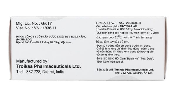 Troysar AM trị tăng huyết áp, đau thắt ngực (10 vỉ x 10 viên)