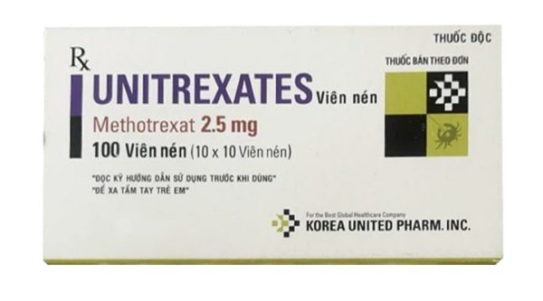 Unitrexates 2.5mg chỉ định điều trị ung thư lá nuôi, bệnh bạch cầu (10 vỉ x 10 viên)