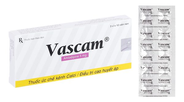 Vascam 5mg trị tăng huyết áp, đau thắt ngực (3 vỉ x 10 viên)