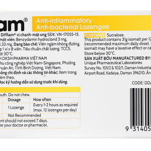 Viên ngậm kháng viêm Difflam vị chanh, mật ong giảm đau họng (1 vỉ x 8 viên)