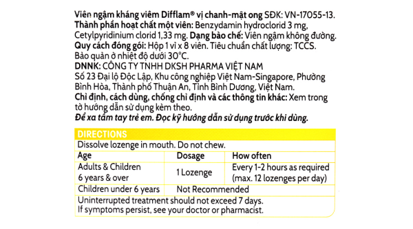 Viên ngậm kháng viêm Difflam vị chanh, mật ong giảm đau họng (1 vỉ x 8 viên)