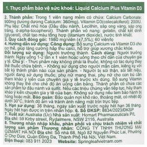 SpringLeaf Liquid Calcium Plus Vitamin D3 bổ sung canxi, vitamin D3 lọ 60 viên