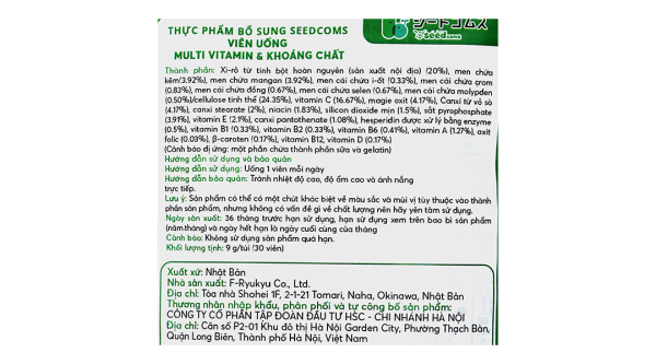 Seedcoms Multi Vitamin & Khoáng Chất tăng cường sức khỏe tổng thể gói 30 viên